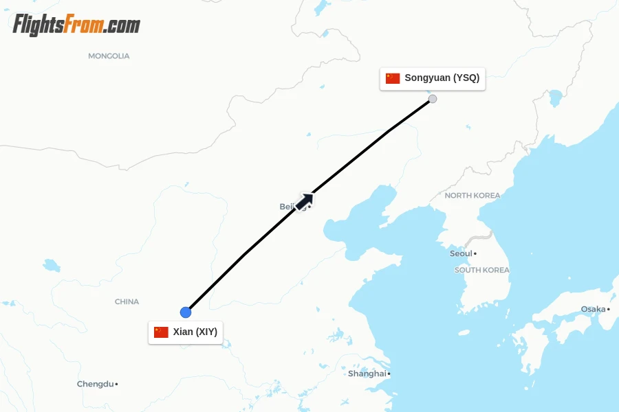 Flights from Xian to Songyuan route map
