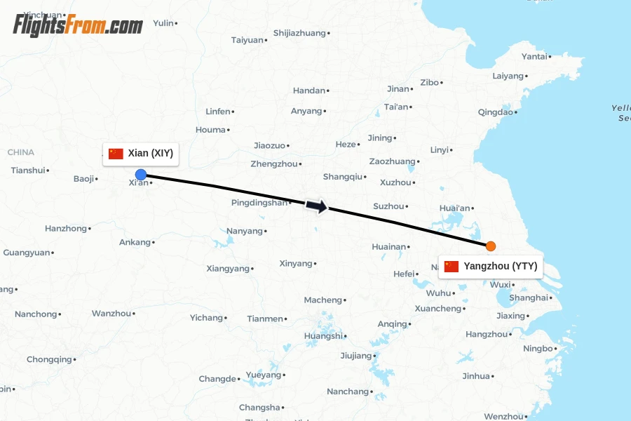 Flights from Xian to Yangzhou route map