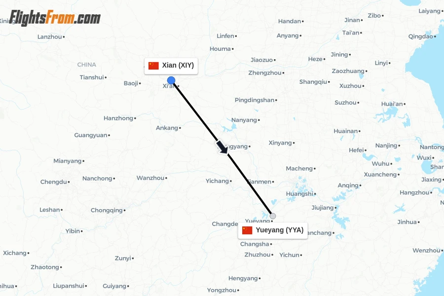 Flights from Xian to Yueyang route map