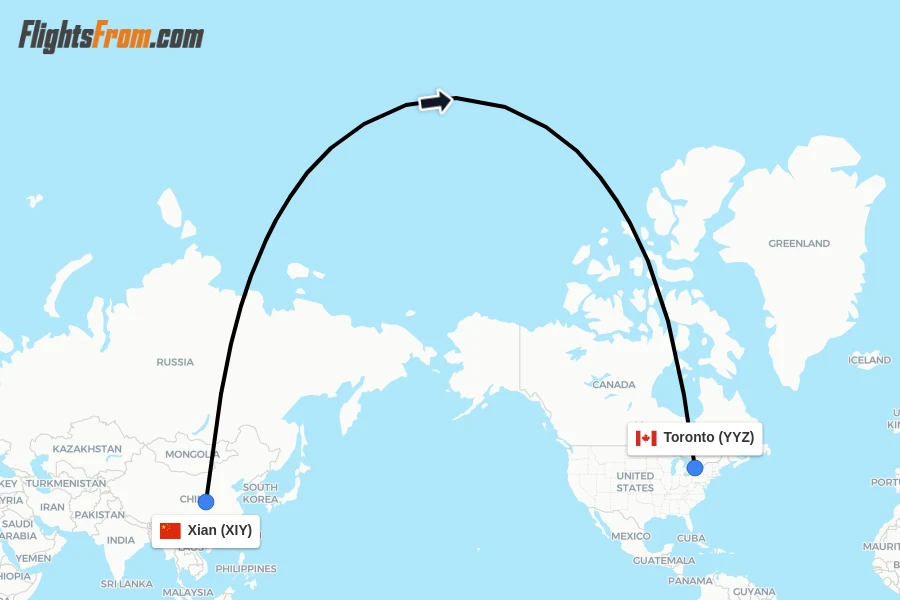 Flights from Xian to Toronto route map