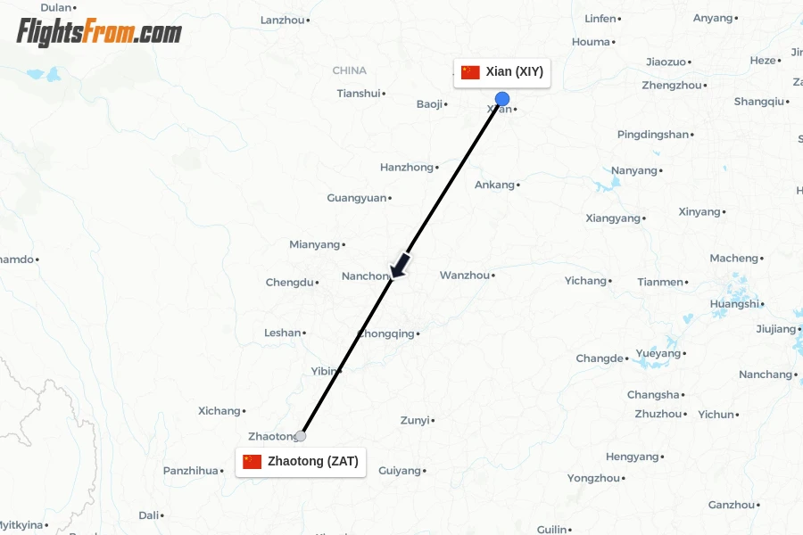 Flights from Xian to Zhaotong route map