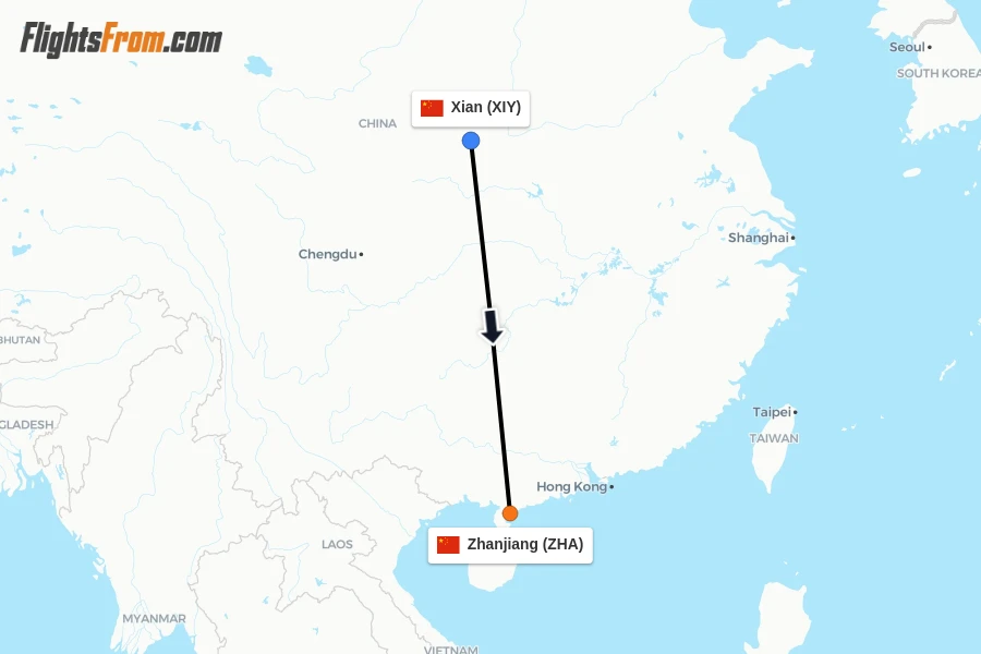 Flights from Xian to Zhanjiang route map