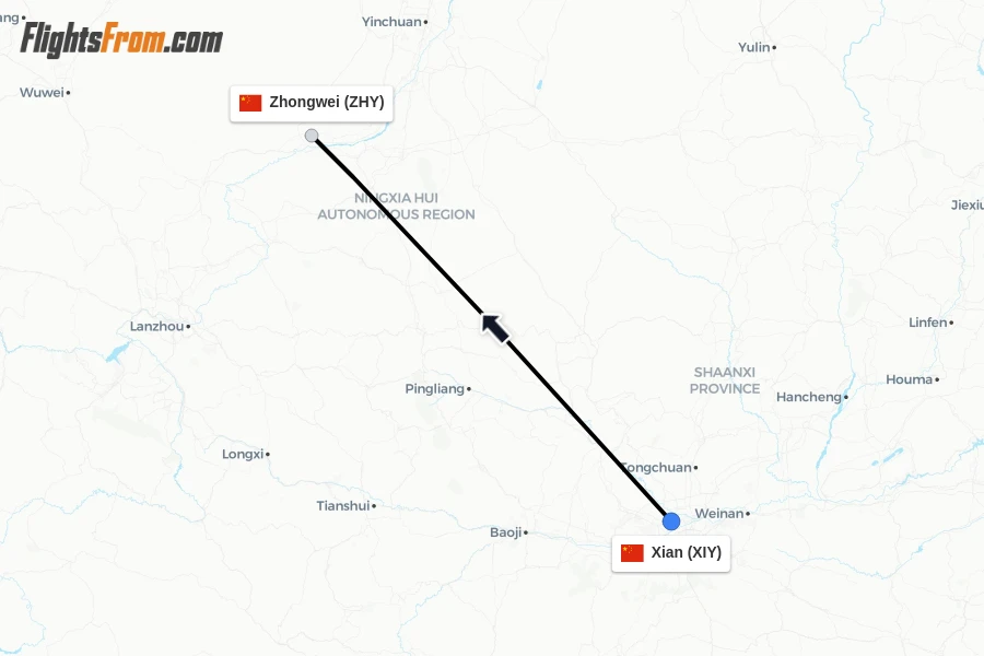 Flights from Xian to Zhongwei route map