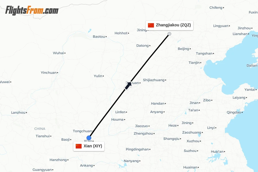 Flights from Xian to Zhangjiakou route map