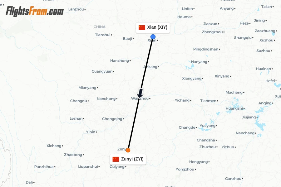 Flights from Xian to Zunyi route map