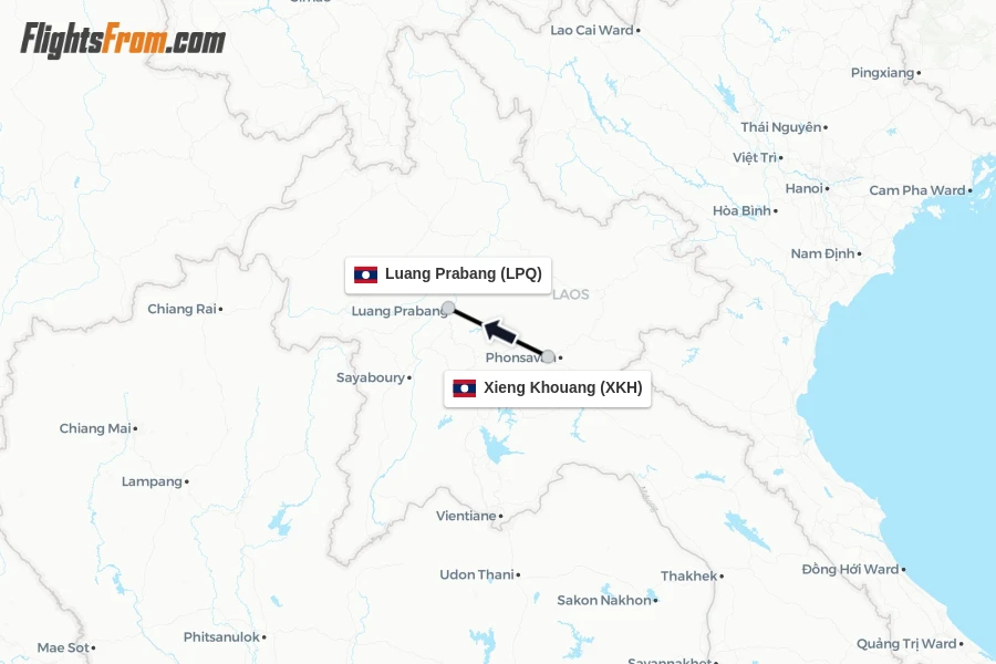 Flights from Xieng Khouang to Luang Prabang route map