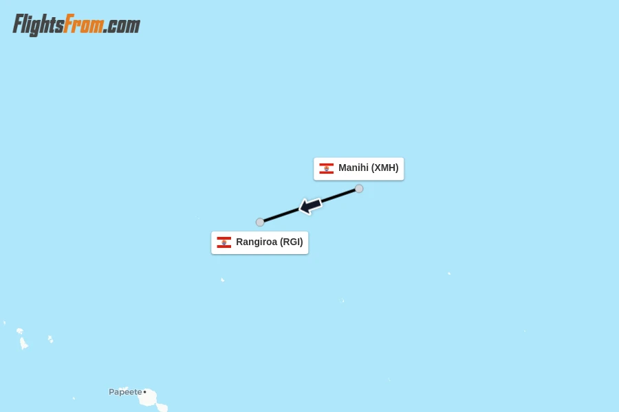 Flights from Manihi to Rangiroa route map