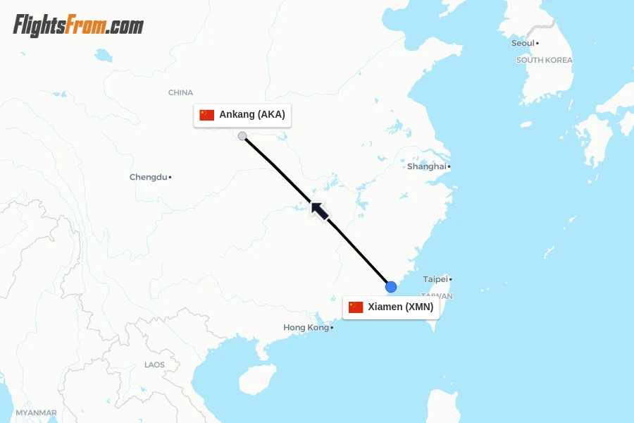 Flights from Xiamen to Ankang route map