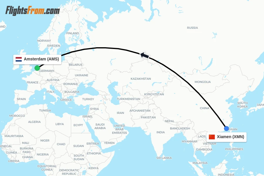 Flights from Xiamen to Amsterdam route map