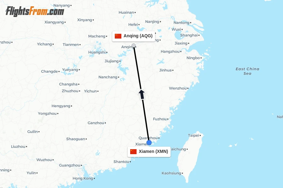 Flights from Xiamen to Anqing route map