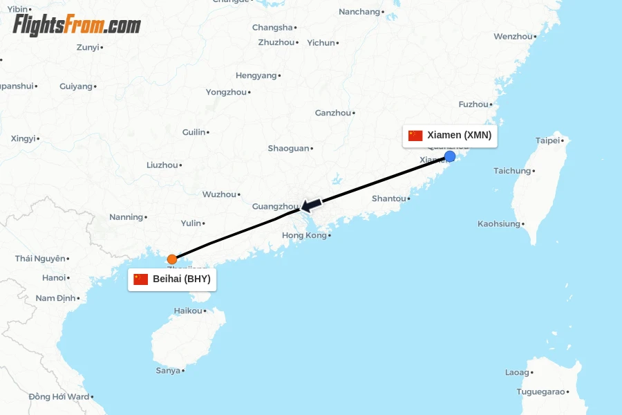 Flights from Xiamen to Beihai route map
