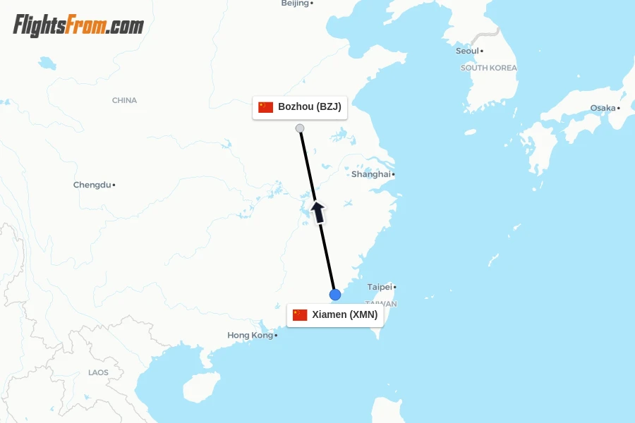 Flights from Xiamen to Bozhou route map