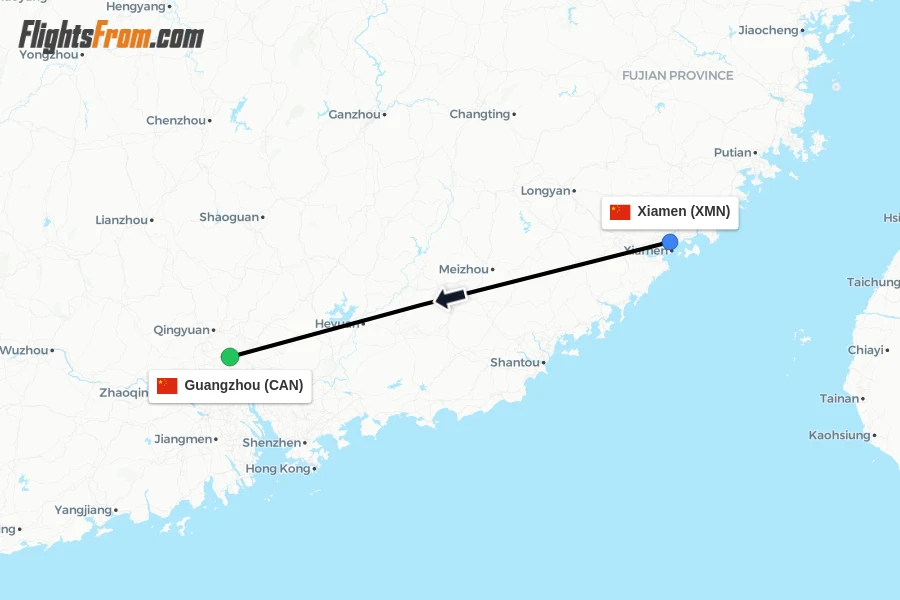 Flights from Xiamen to Guangzhou route map