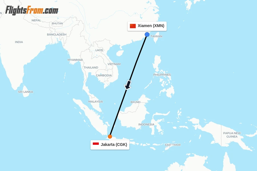 Flights from Xiamen to Jakarta route map