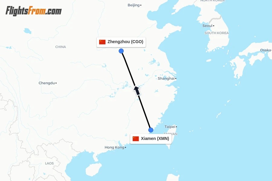 Flights from Xiamen to Zhengzhou route map