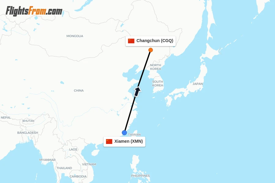 Flights from Xiamen to Changchun route map