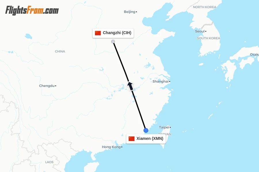 Flights from Xiamen to Changzhi route map