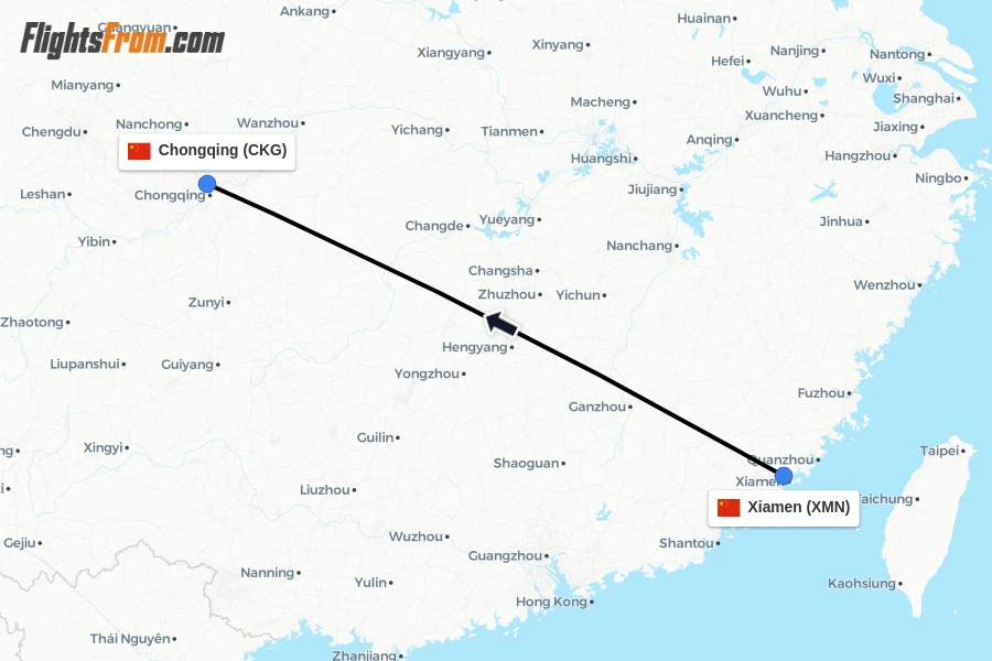 Flights from Xiamen to Chongqing route map