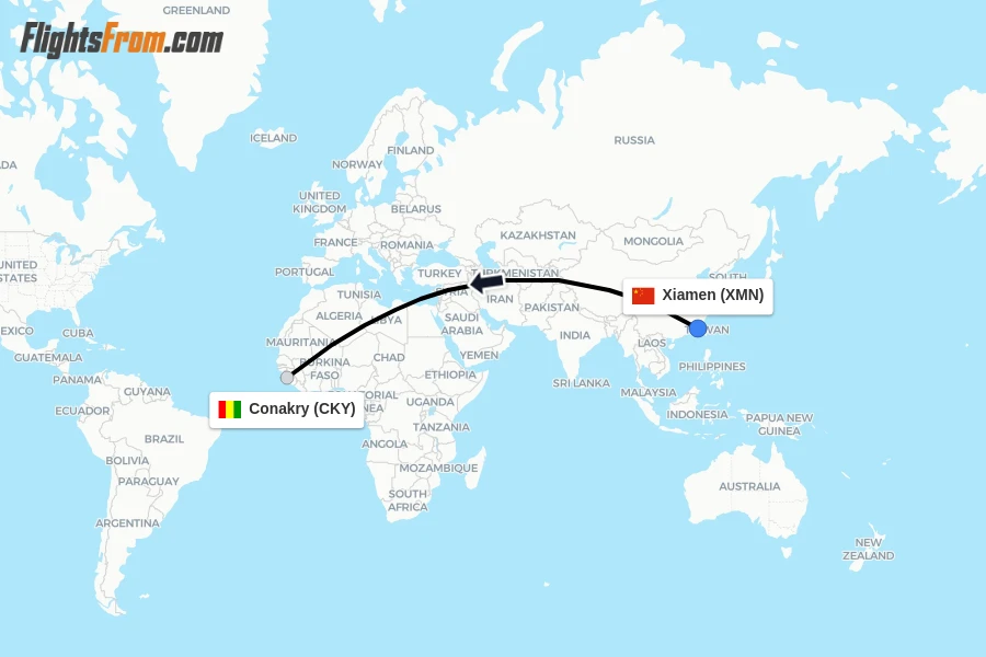 Flights from Xiamen to Conakry route map