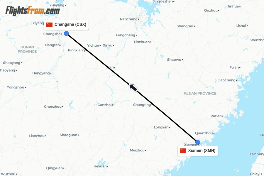 Flights from Xiamen to Changsha route map