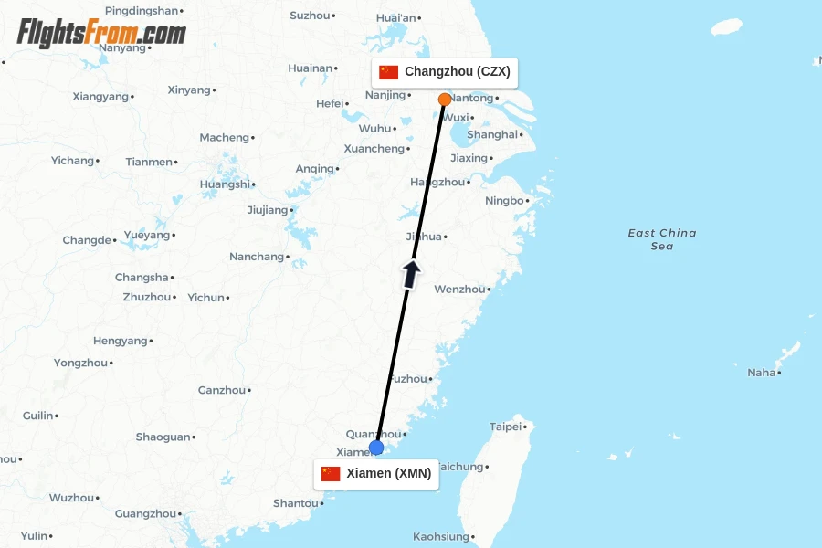 Flights from Xiamen to Changzhou route map