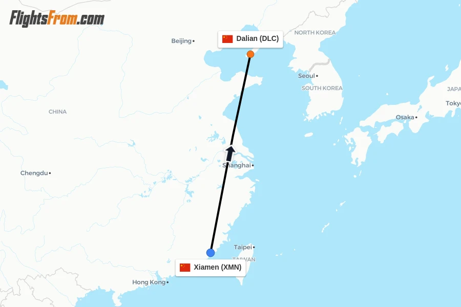 Flights from Xiamen to Dalian route map