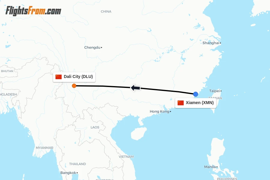 Flights from Xiamen to Dali City route map