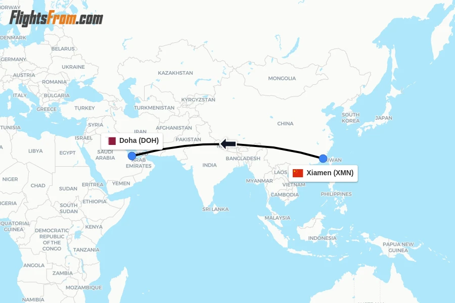 Flights from Xiamen to Doha route map