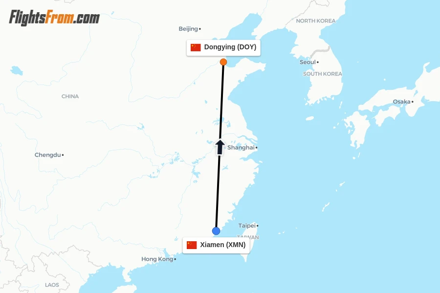 Flights from Xiamen to Dongying route map