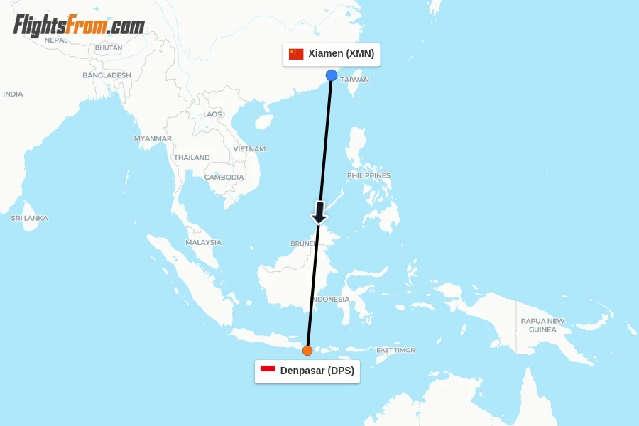 Flights from Xiamen to Denpasar route map