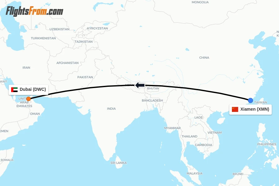 Flights from Xiamen to Dubai route map