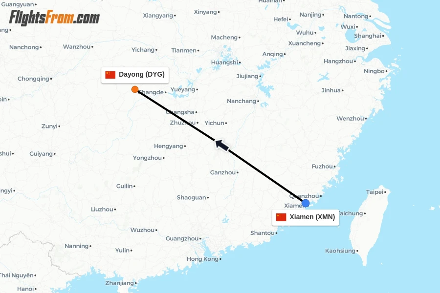 Flights from Xiamen to Dayong route map