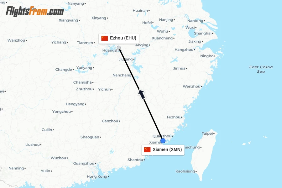 Flights from Xiamen to Ezhou route map