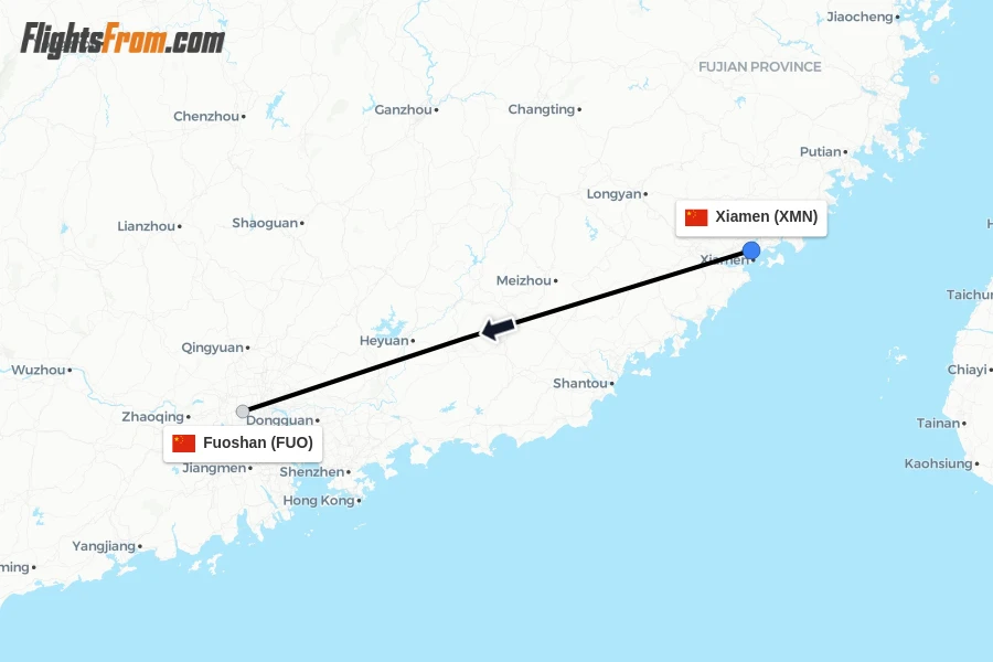 Flights from Xiamen to Fuoshan route map