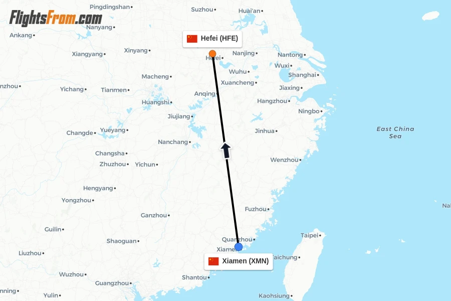 Flights from Xiamen to Hefei route map