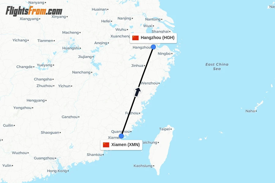 Flights from Xiamen to Hangzhou route map
