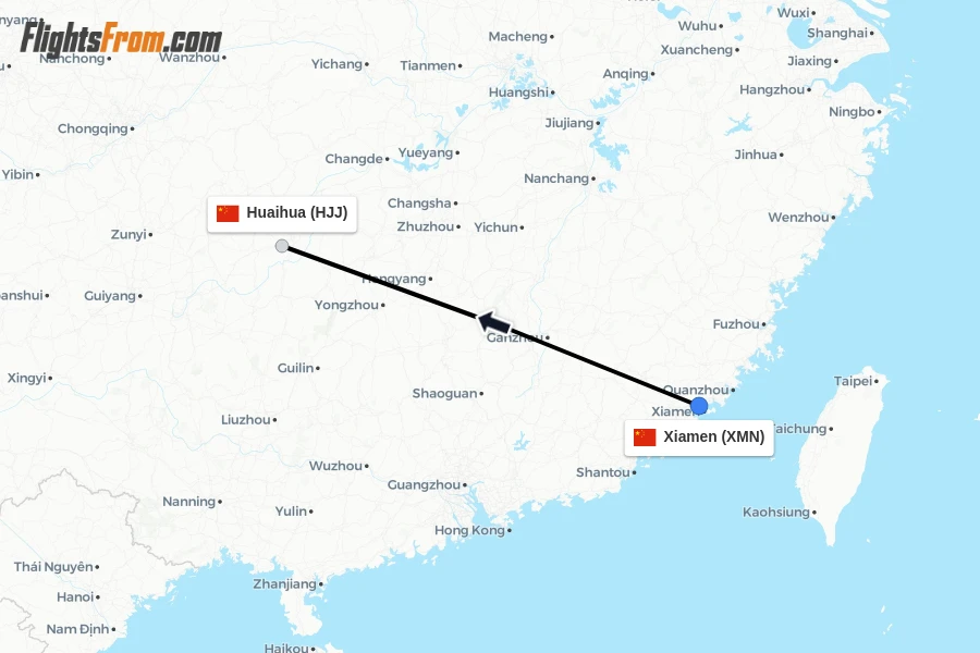 Flights from Xiamen to Huaihua route map