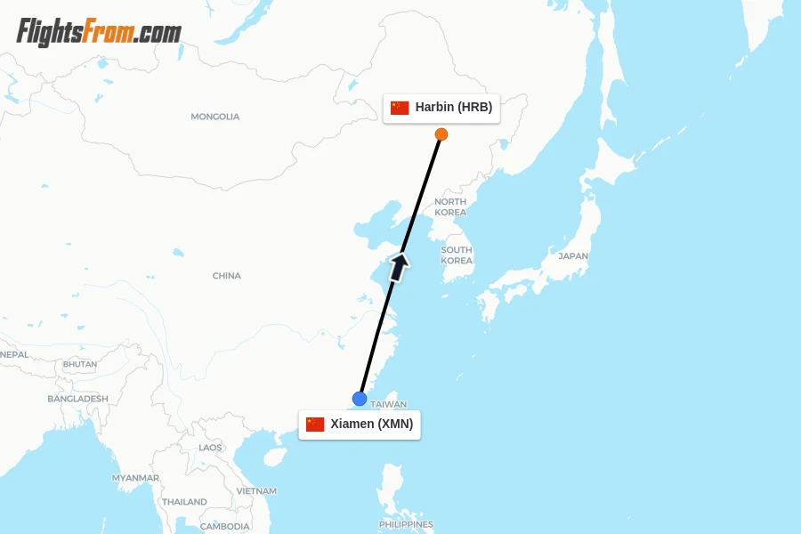 Flights from Xiamen to Harbin route map