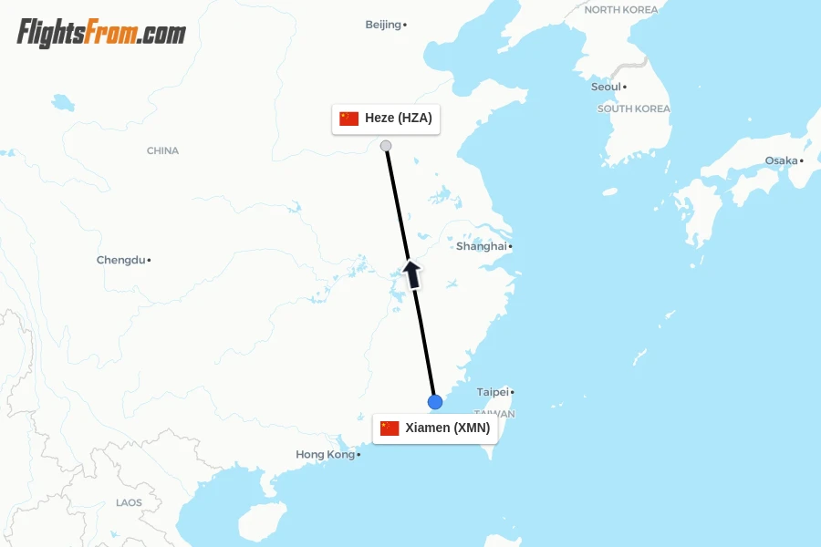 Flights from Xiamen to Heze route map