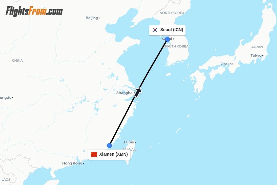 Flights from Xiamen to Seoul route map