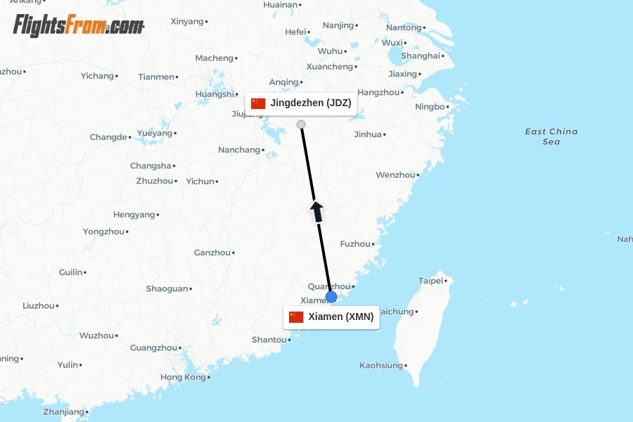 Flights from Xiamen to Jingdezhen route map