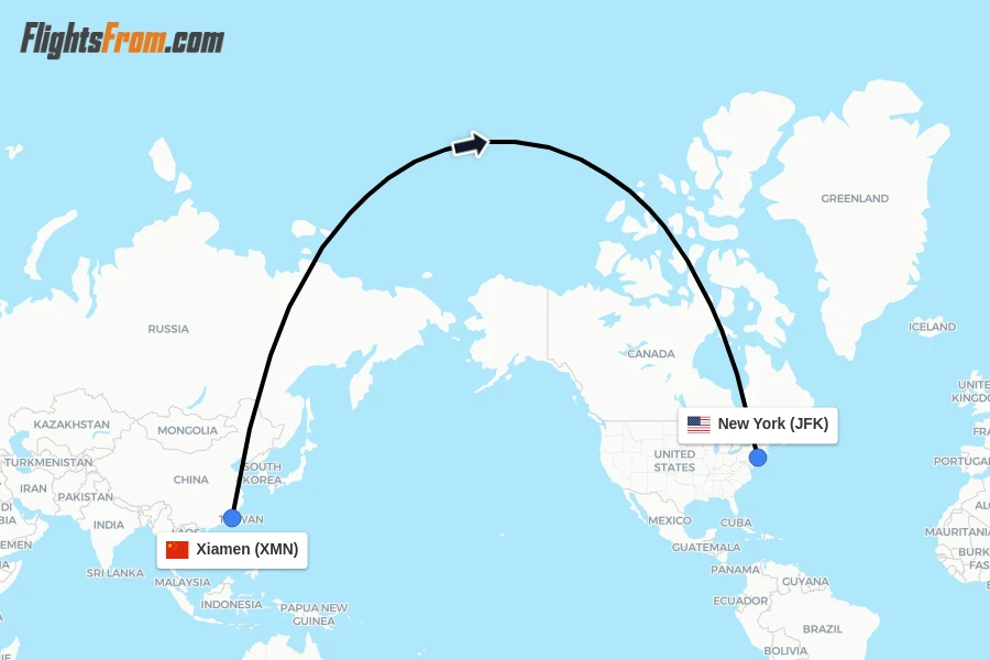 Flights from Xiamen to New York route map
