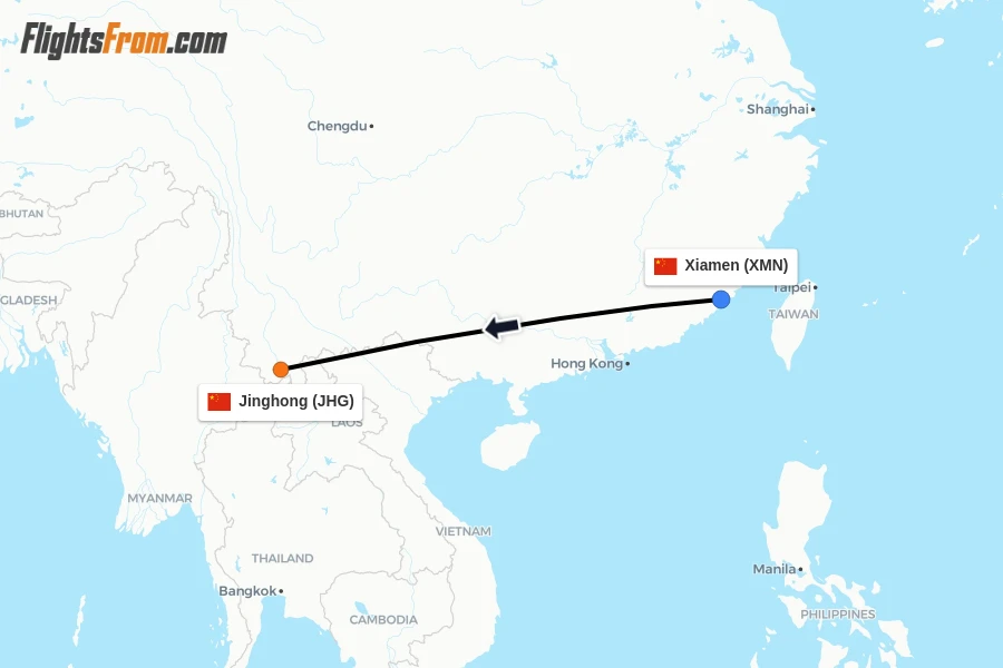 Flights from Xiamen to Jinghong route map