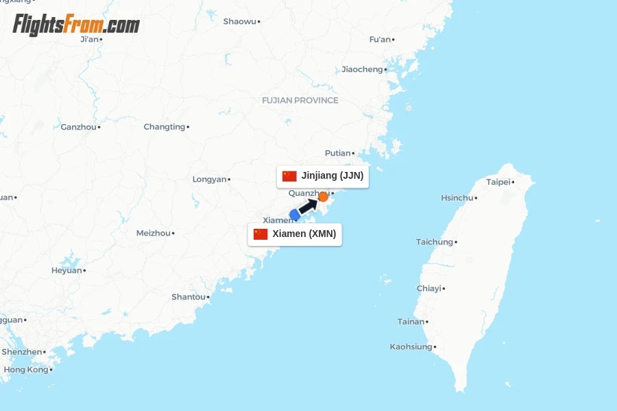 Flights from Xiamen to Jinjiang route map