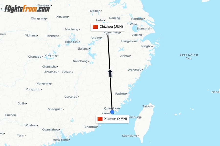 Flights from Xiamen to Chizhou route map