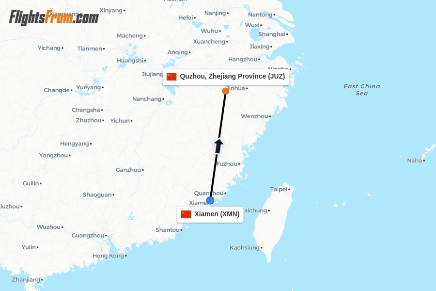 Flights from Xiamen to Quzhou, Zhejiang Province route map
