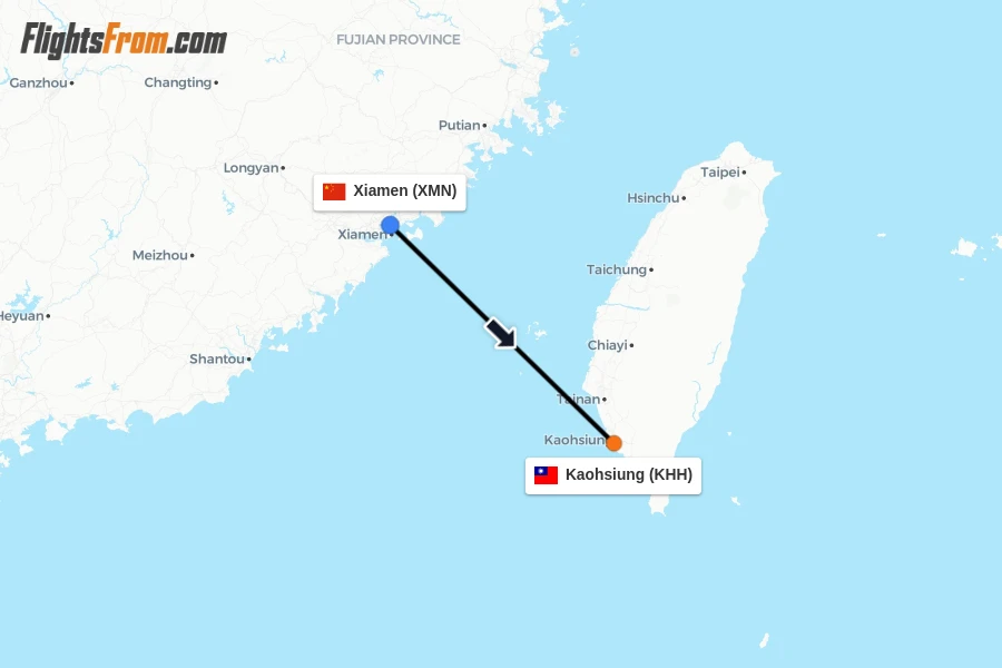 Flights from Xiamen to Kaohsiung route map