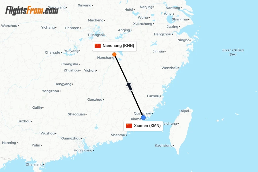 Flights from Xiamen to Nanchang route map