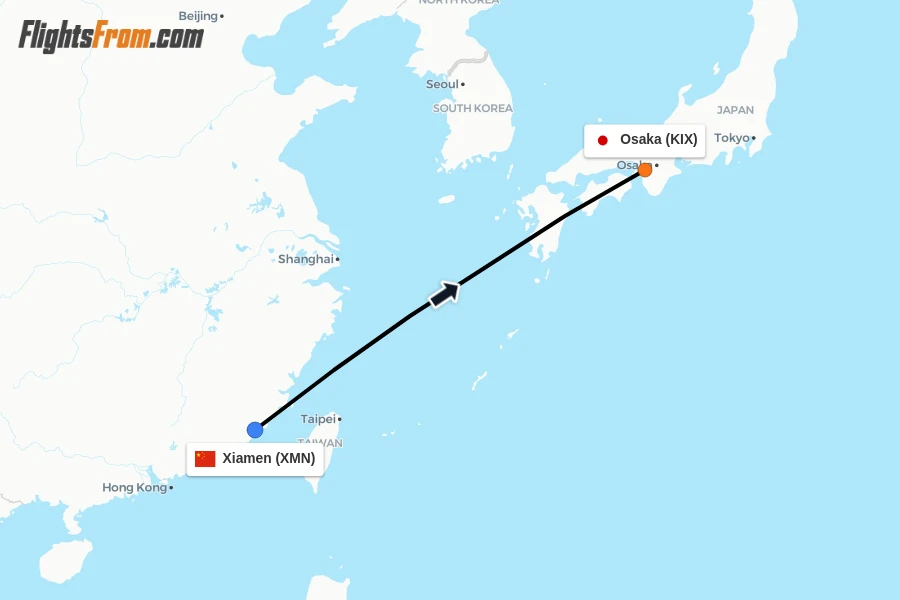 Flights from Xiamen to Osaka route map