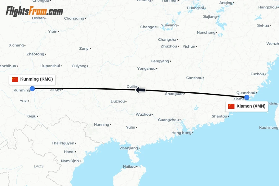 Flights from Xiamen to Kunming route map